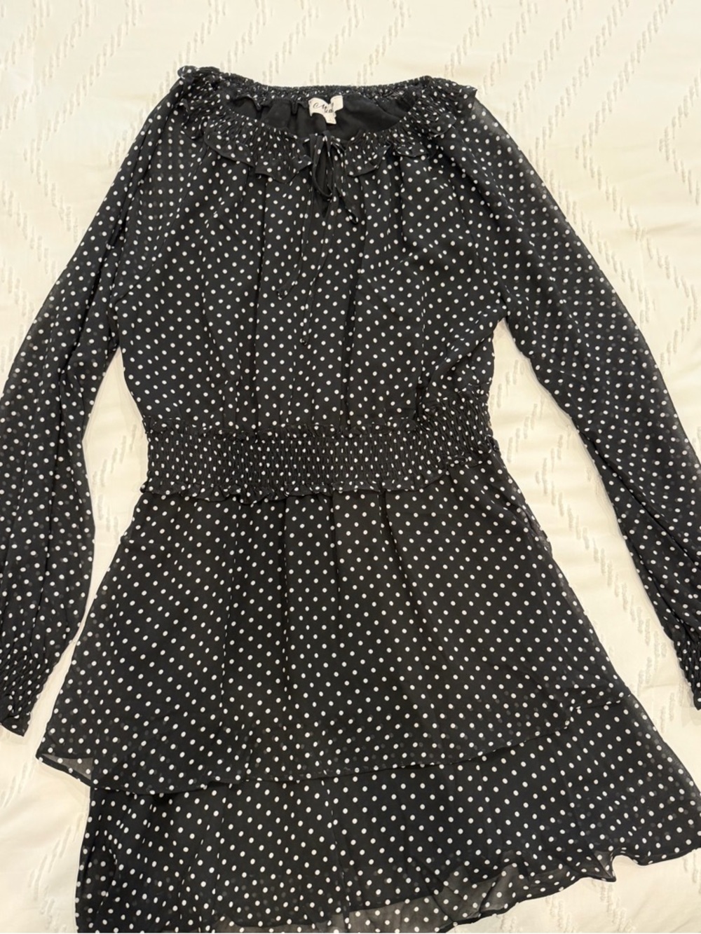 MACARON Black White Polka Dot Long-Sleeve Smocked Waist Dress